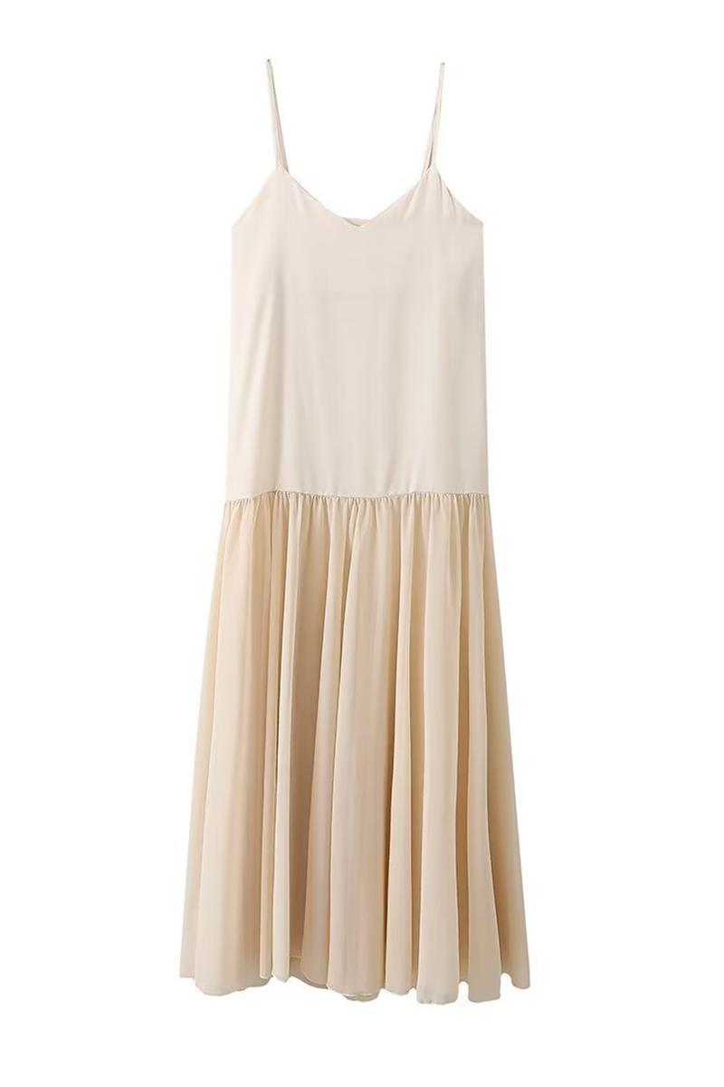 V Neck Colorblock Shirred Maxi Strappy Dresses-Beige-Hayhty.All Rights Reserved.