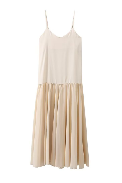 V Neck Colorblock Shirred Maxi Strappy Dresses-Beige-Hayhty.All Rights Reserved.
