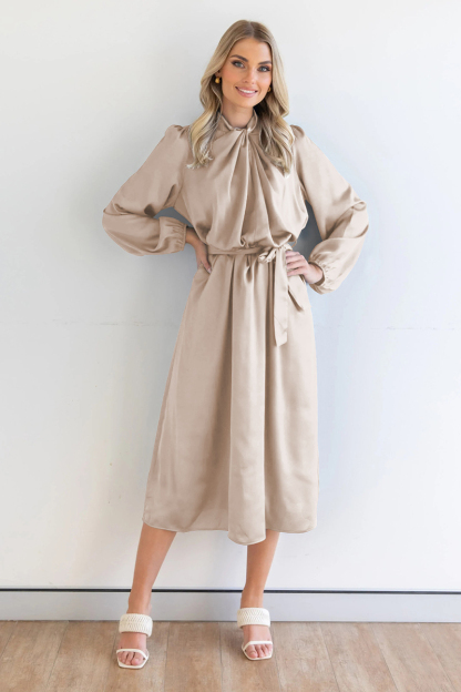 Ruched Knotted Long Sleeve Satin Midi Dresses-Hayhty.All Rights Reserved.