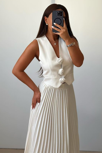 3D Flower Decor V Neck Vest Pleated Maxi Skirt Matching Set-White-Hayhty.All Rights Reserved.
