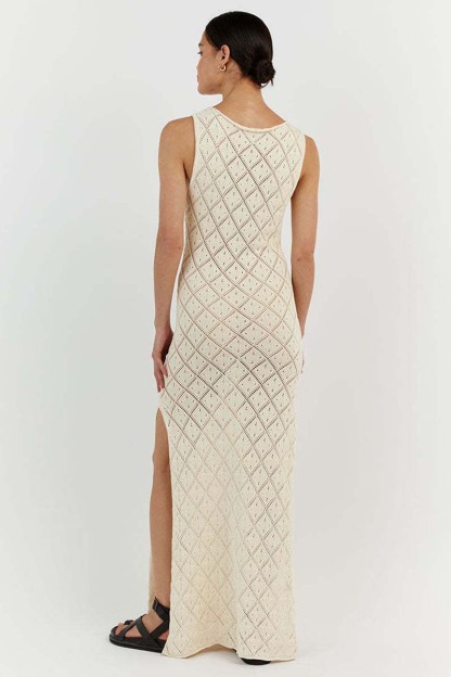 Hollow Out Boat Neck Sleeveless Knitted Bodycon High Slit Cover Up White Maxi Dresses-Hayhty.All Rights Reserved.