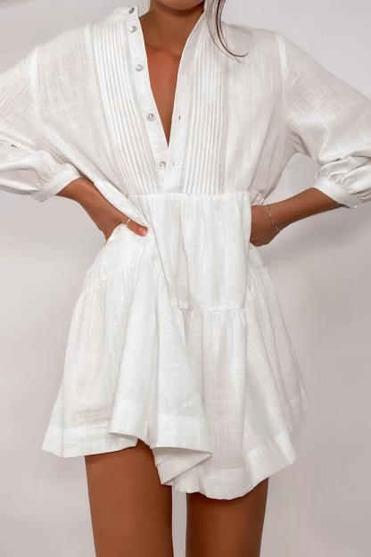 Long Sleeve Button White Mini Dresses-Hayhty.All Rights Reserved.