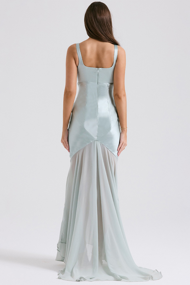 Square Neck Satin Patchwork Bodycon Fishtail Hem Gowns Slip Maxi Dresses-Blue-Hayhty.All Rights Reserved.