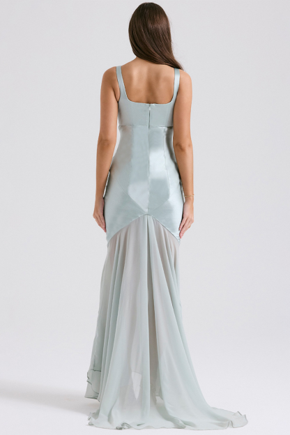 Square Neck Satin Patchwork Bodycon Fishtail Hem Gowns Slip Maxi Dresses-Blue-Hayhty.All Rights Reserved.