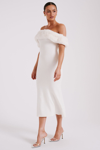 Fuzzy Patchwork Off Shoulder Knit Slim Fit Sweater Midi Dresses-White-Hayhty.All Rights Reserved.