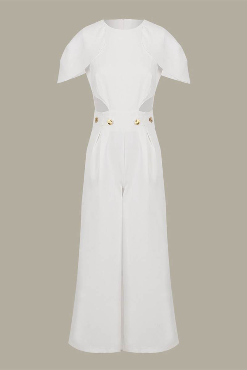 Round Neck Flutter Sleeve Cutout Wide Leg Jumpsuit-White-Hayhty.All Rights Reserved.