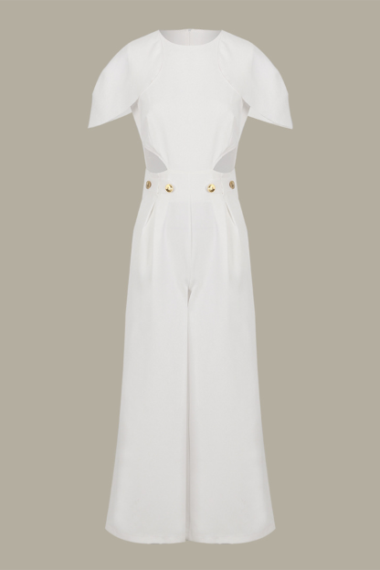 Round Neck Flutter Sleeve Cutout Wide Leg Jumpsuit-White-Hayhty.All Rights Reserved.