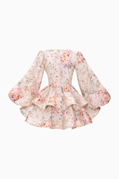 Floral Print V Neck Balloon Sleeve Party Ruffle Mini Dresses-Hayhty.All Rights Reserved.