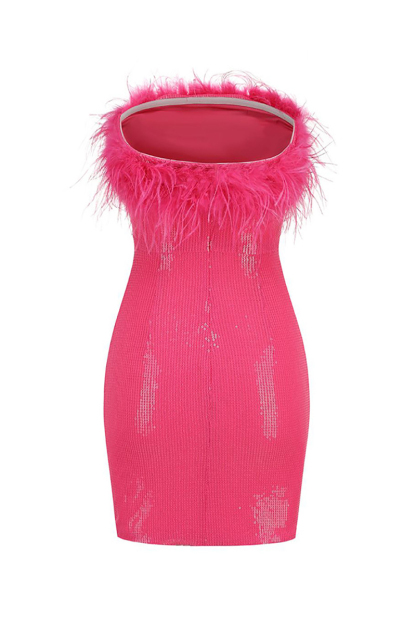 Sequin Strapless Feather Trim Bodycon Mini Party Dresses-Hayhty.All Rights Reserved.