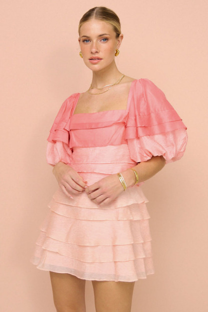 Square Neck Puffy Sleeve Ombre Tiered Backless Mini Dresses-Pink-Hayhty.All Rights Reserved.