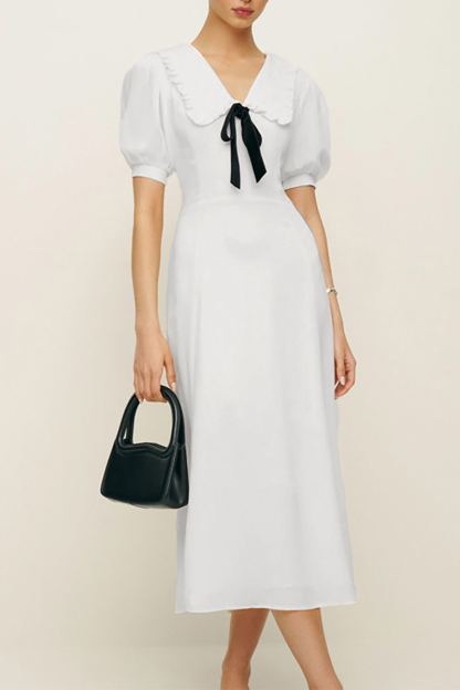Doll Collar Front Tie Up Puff Sleeve A-Line Midi Dresses-White-Hayhty.All Rights Reserved.