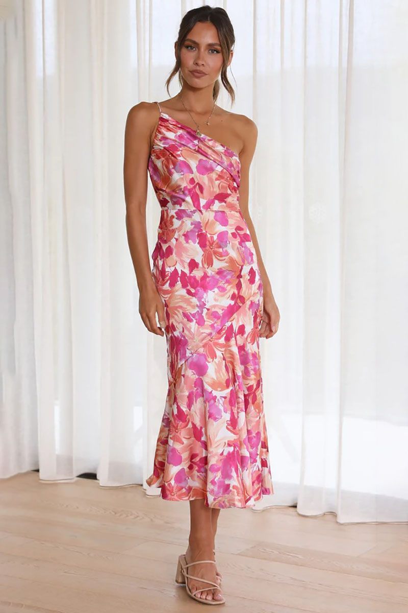 Floral Print One Shoulder Asymmetric Midi Dresses-Hayhty.All Rights Reserved.