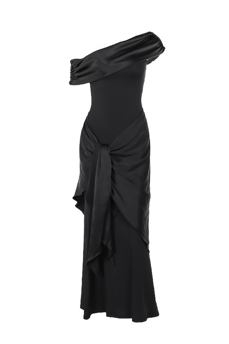 Skew Neck Draped Sleeve Tie Up Streamer Bodycon Gowns Maxi Dresses-Black-Hayhty.All Rights Reserved.