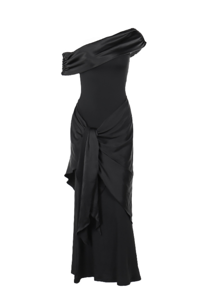 Skew Neck Draped Sleeve Tie Up Streamer Bodycon Gowns Maxi Dresses-Black-Hayhty.All Rights Reserved.
