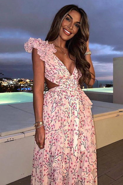 Deep V Neck Slim Ruffled Shoulder Backless Tied Up Cutout Floral Print Vacation Maxi Dresses-Hayhty.All Rights Reserved.