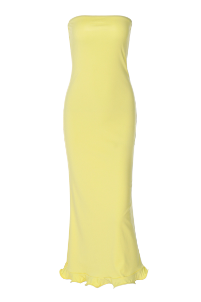 Solid Color Slim Fit Ruffled Hemline Midi Tube Dresses-Yellow-Hayhty.All Rights Reserved.