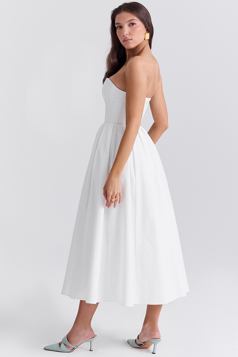 Elegant Strapless Corset Back Zipper Pleated Midi Dresses-White-Hayhty.All Rights Reserved.