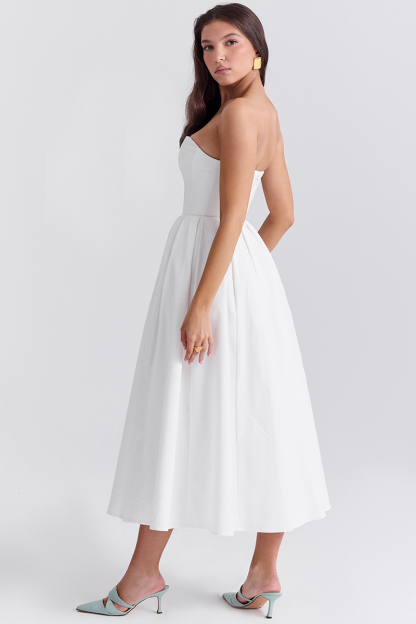 Elegant Strapless Corset Back Zipper Pleated Midi Dresses-White-Hayhty.All Rights Reserved.