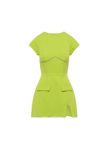 Short Sleeve Hot Drilling Corset Slit Mini Dresses-Green-Hayhty.All Rights Reserved.