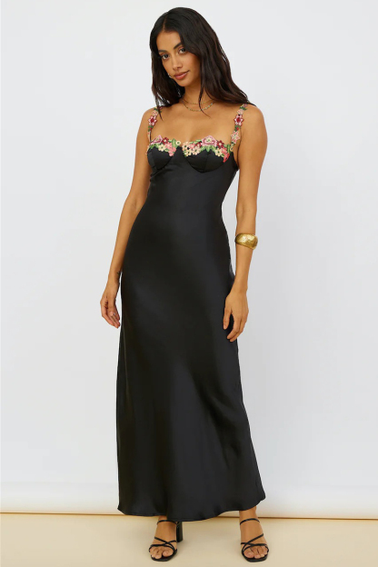 Embroidered Flower Boat Neck High Slit Satin Slim Garden Party Slip Maxi Dresses-Hayhty.All Rights Reserved.