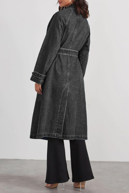 Turndown Collar Long Sleeve Double-Breasted Tie Up Denim Trench Coat-Blue-Hayhty.All Rights Reserved.