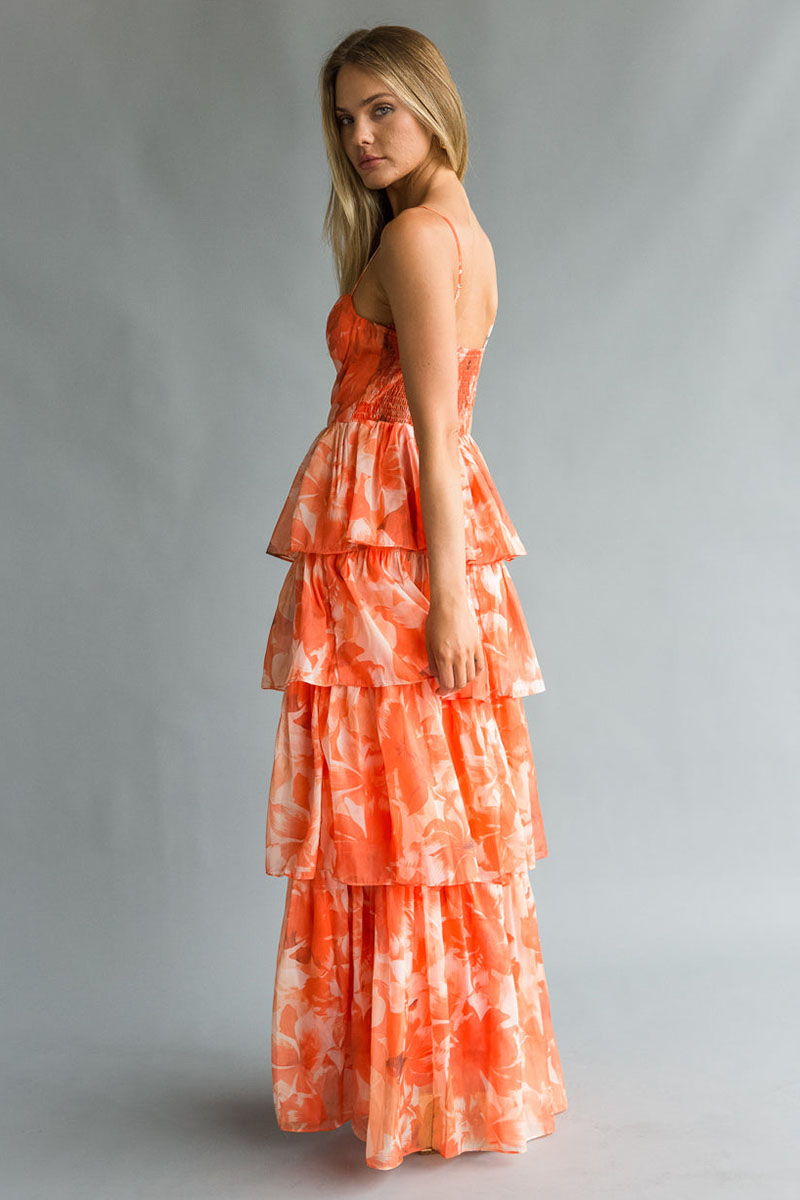Floral Print Tiered Ruffle Wedding Guest Maxi Slip Dresses-Orange-Hayhty.All Rights Reserved.