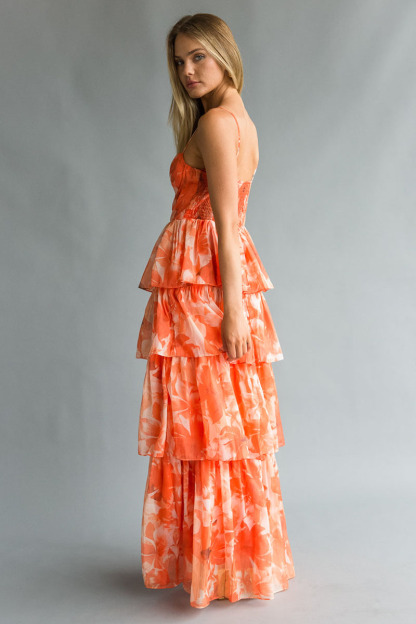 Floral Print Tiered Ruffle Wedding Guest Maxi Slip Dresses-Orange-Hayhty.All Rights Reserved.