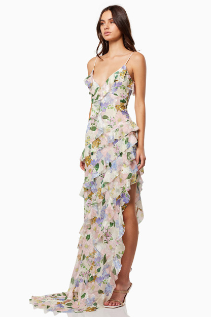 Floral Print Ruffled V Neck High Slit Tiered Maxi Dresses-Pink-Hayhty.All Rights Reserved.