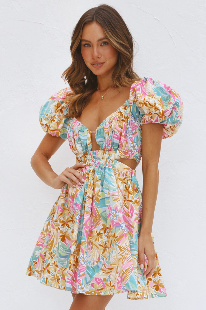 Multicolor Print Puff Sleeve V Neck Tie-Up Backless Mini Dresses-Hayhty.All Rights Reserved.
