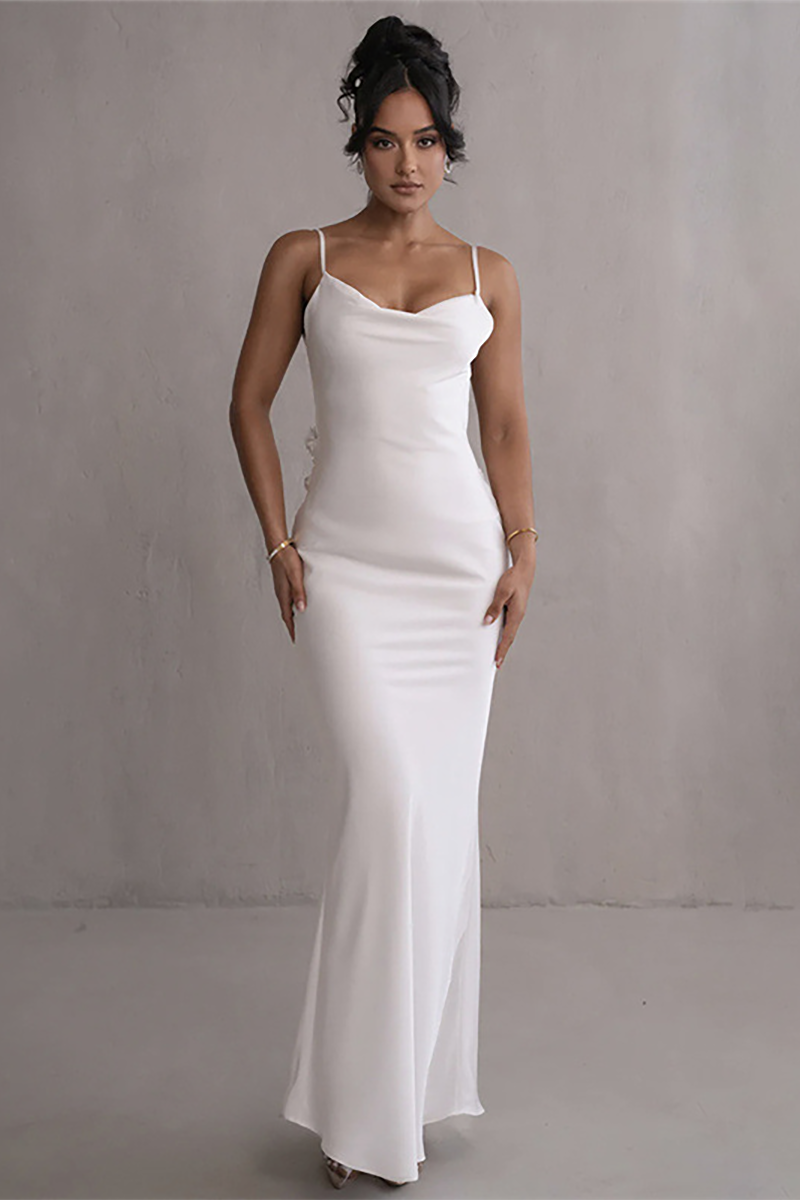 Open Back Draped Trim 3D Flower Decor Bridesmaid Slip Maxi Dresses-Green-Hayhty.All Rights Reserved.