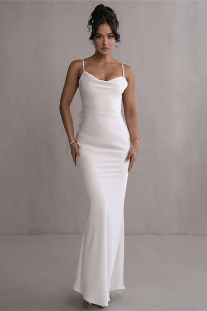 Open Back Draped Trim 3D Flower Decor Bridesmaid Slip Maxi Dresses-Green-Hayhty.All Rights Reserved.