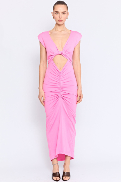 Deep V Neck Twisted Knot Cutout Ruched Maxi Dresses-Pink-Hayhty.All Rights Reserved.