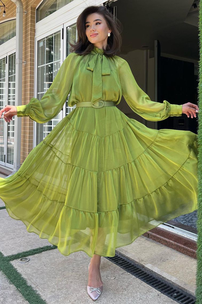 Long Bell Sleeve Mesh Knotted High Neckline Tiered Maxi Dresses-Hayhty.All Rights Reserved.