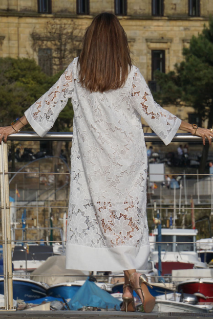 V Neck 3/4 Sleeve Floral Pattern Lace Loose Fit Cover Ups Midi Dresses-White-Hayhty.All Rights Reserved.