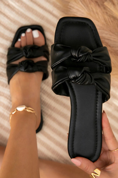 PU Leather Knotted Cutout Pleated Flat Slippers-Hayhty.All Rights Reserved.