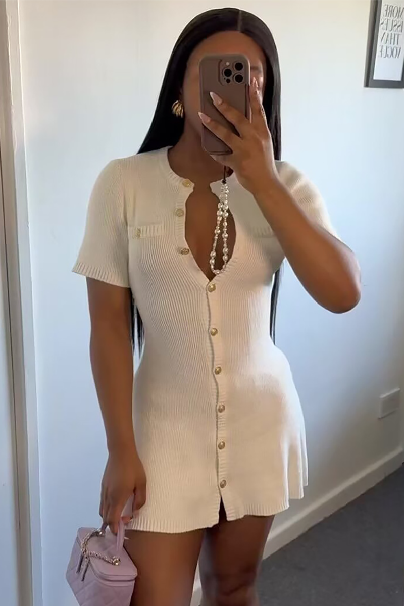 Knit Round Neck Short Sleeve Button Up Plain Mini Dresses-White-Hayhty.All Rights Reserved.
