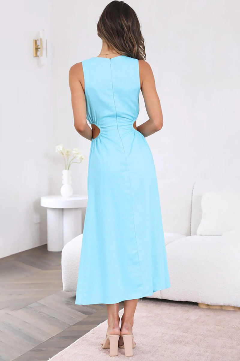 Boat Neck Cut Out A Line Sleeveless Midi Dress-Hayhty.All Rights Reserved.