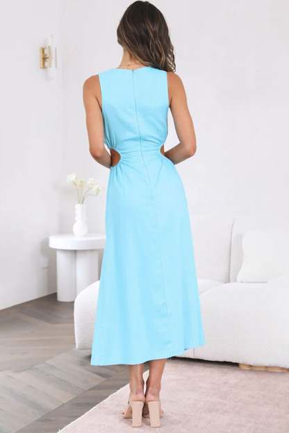 Boat Neck Cut Out A Line Sleeveless Midi Dress-Hayhty.All Rights Reserved.