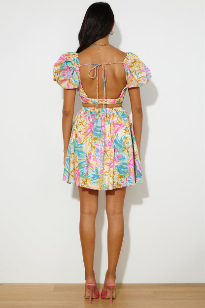Multicolor Print Puff Sleeve V Neck Tie-Up Backless Mini Dresses-Hayhty.All Rights Reserved.