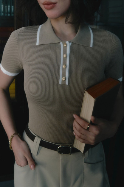 Short Sleeve Turndown Collar Half Button-Up Colorblock Trim Knit Top-White-Hayhty.All Rights Reserved.