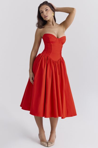 Strapless Corset Pleated Hem Prom Party Midi Dresses-Red-Hayhty.All Rights Reserved.