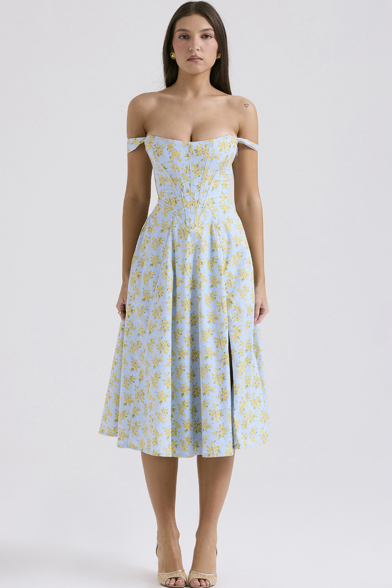 Floral Print Wide Strap Corset A-Line Slit Midi Dresses-White-Hayhty.All Rights Reserved.