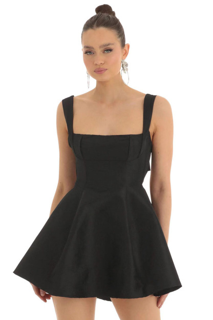 Square Neck Straps White Bow Knotted Cutout Backless A-line Satin Mini Dresses-Hayhty.All Rights Reserved.