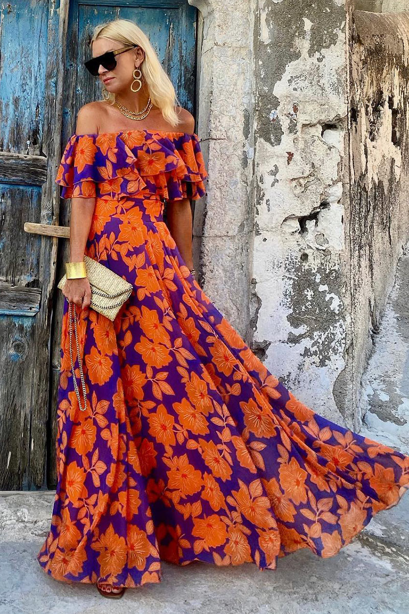 Off Shoulder Layered Cinch Waist Floral Print Vacation Maxi Dresses-Hayhty.All Rights Reserved.