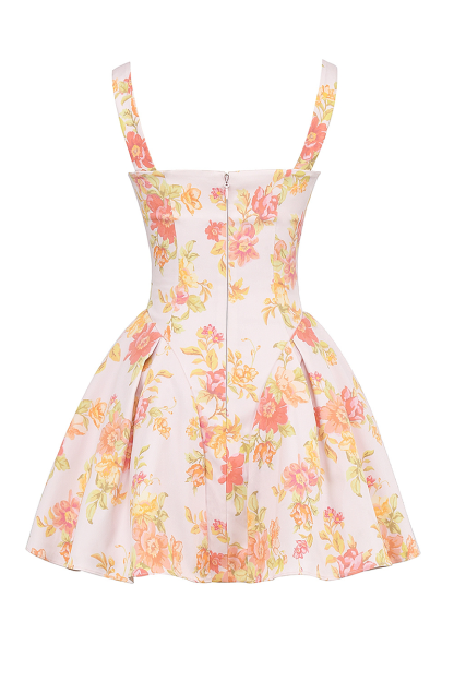 Irregular Neck Cinch Waist Floral Print Mini Dresses-Light Pink-Hayhty.All Rights Reserved.