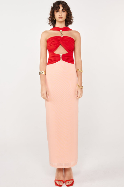 Colorblock Ruched Cutout Slim Fit Sleeveless Maxi Dresses-Red-Hayhty.All Rights Reserved.