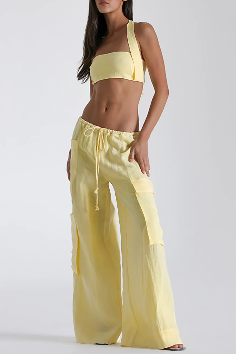 Halter Crop Top Oversize Pocket Wide Leg Pants Matching Set-Yellow-Hayhty.All Rights Reserved.