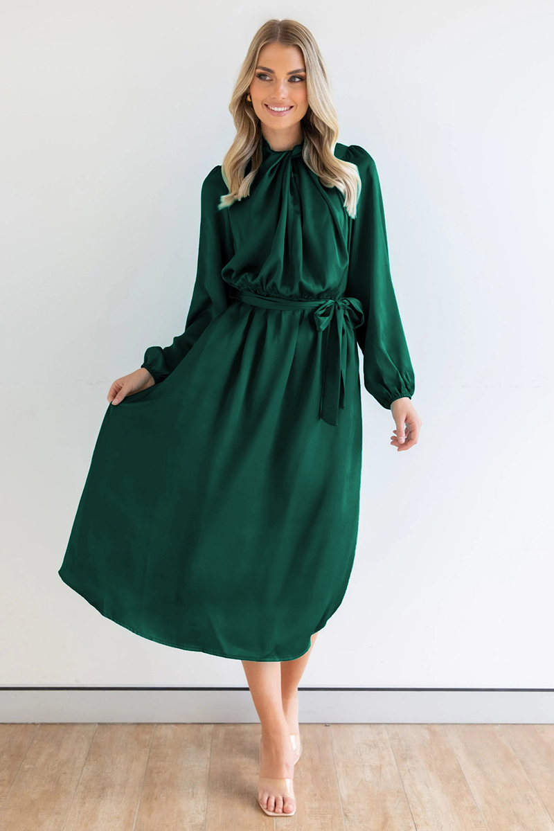 Ruched Knotted Long Sleeve Satin Midi Dresses-Hayhty.All Rights Reserved.