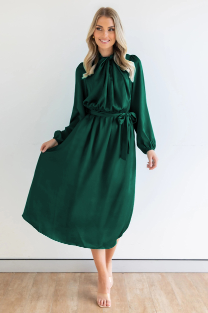 Ruched Knotted Long Sleeve Satin Midi Dresses-Hayhty.All Rights Reserved.