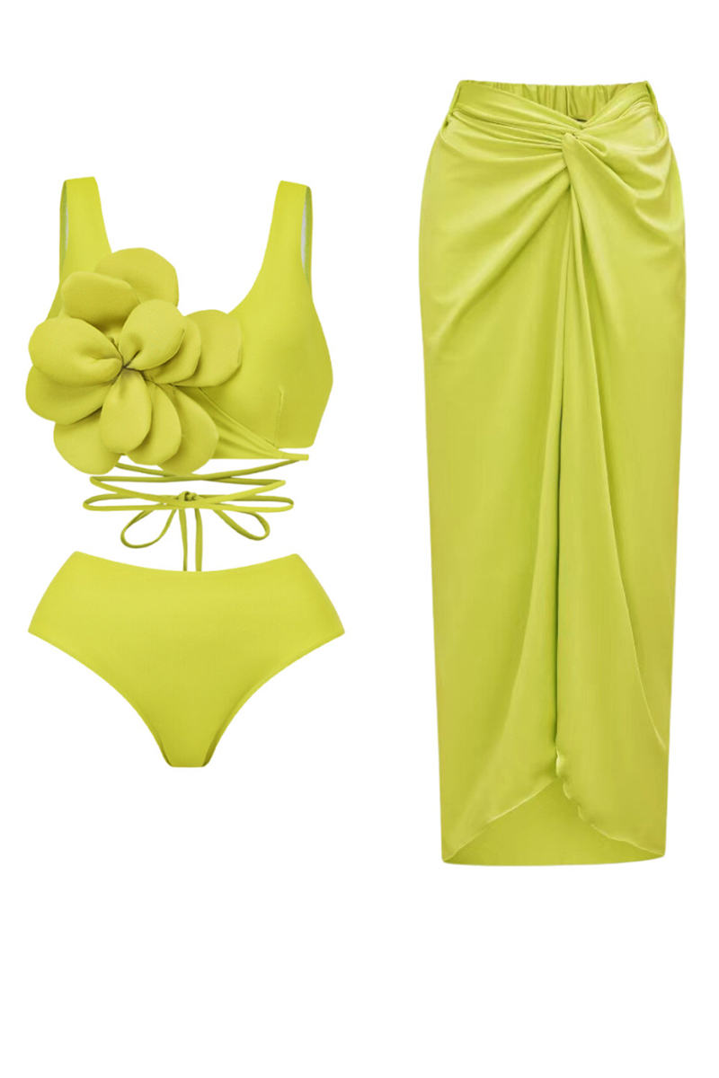 Tied Up 3D Flower Decor Bikini Top Maxi Skirt Bikini Three-Piece Set-Green-Hayhty.All Rights Reserved.